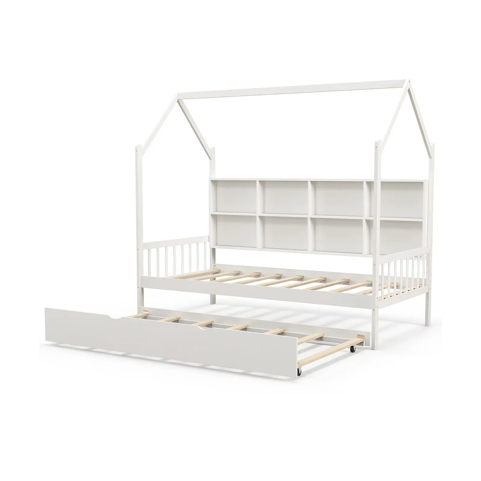 Twin Size Kids Montessori Daybed with Roof and Shelf Compartments-White by DirectDeals