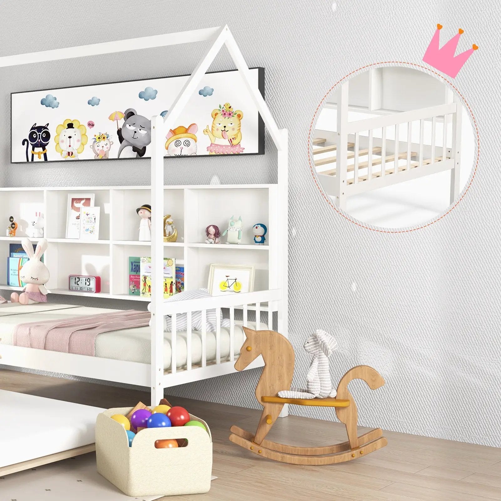 Twin Size Kids Montessori Daybed with Roof and Shelf Compartments-White by DirectDeals