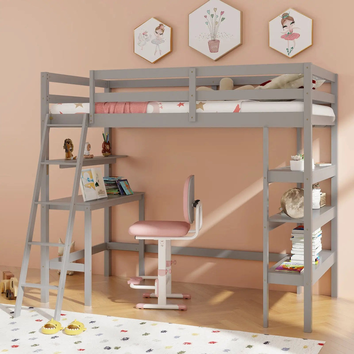 Twin Size Loft Bed with Desk and Bookshelves for Kids and Teens by DirectDeals