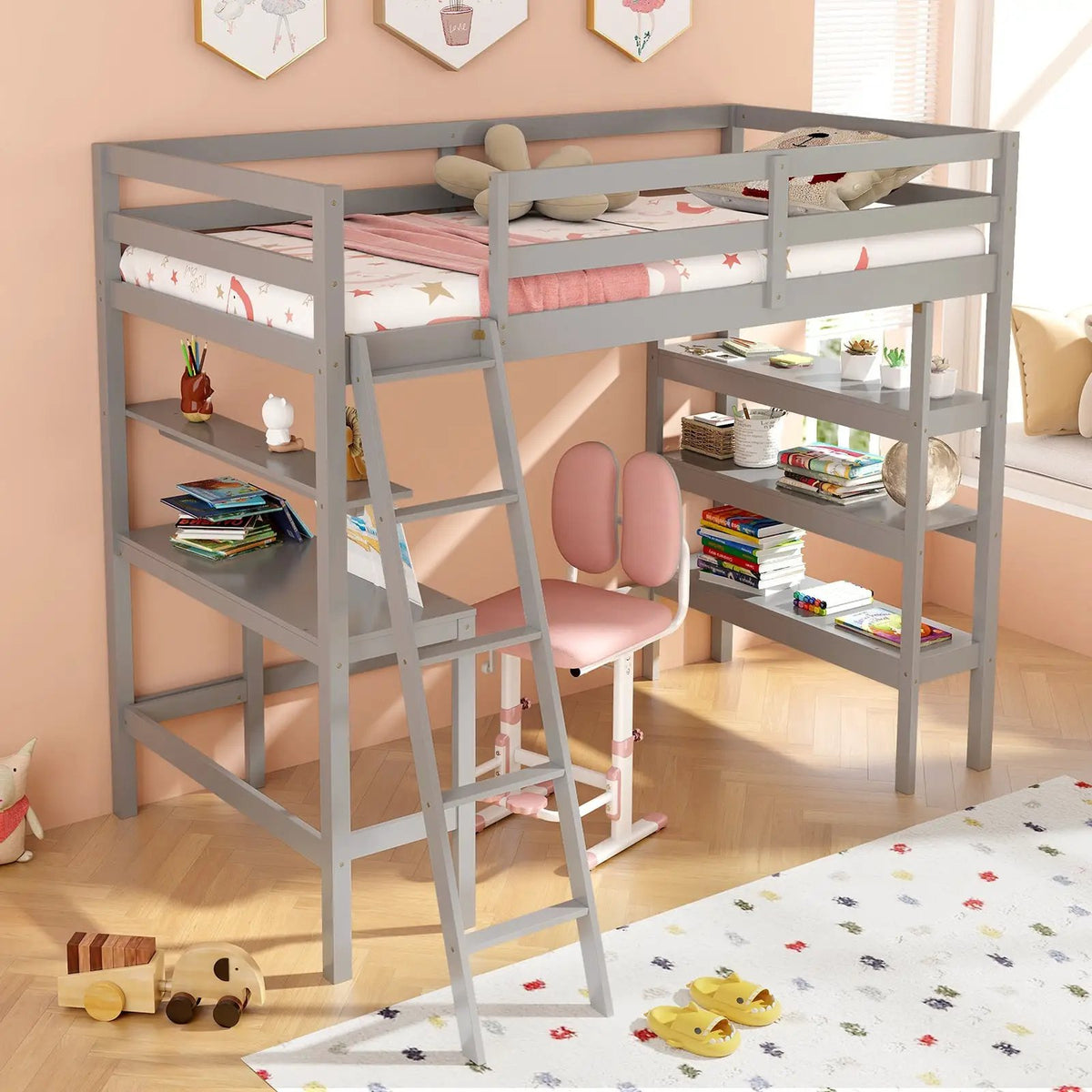 Twin Size Loft Bed with Desk and Bookshelves for Kids and Teens by DirectDeals