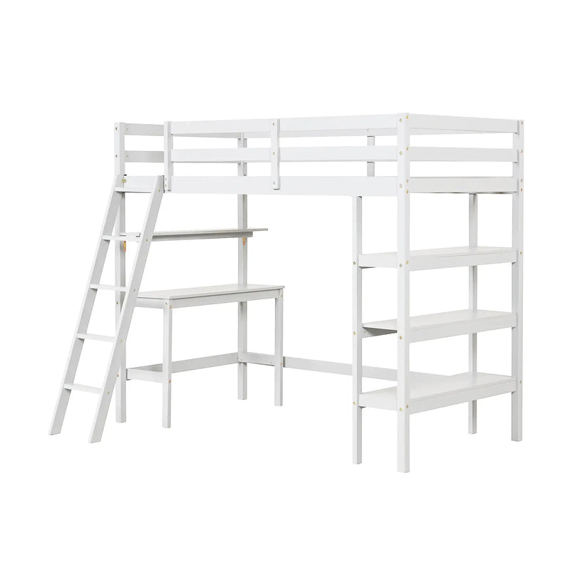 Twin Size Loft Bed with Desk and Bookshelves for Kids and Teens by DirectDeals