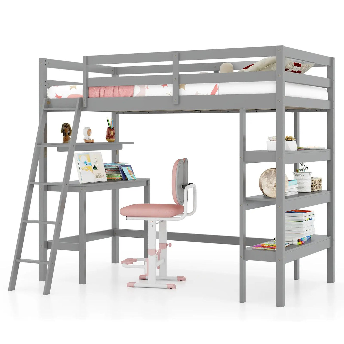 Twin Size Loft Bed with Desk and Bookshelves for Kids and Teens by DirectDeals