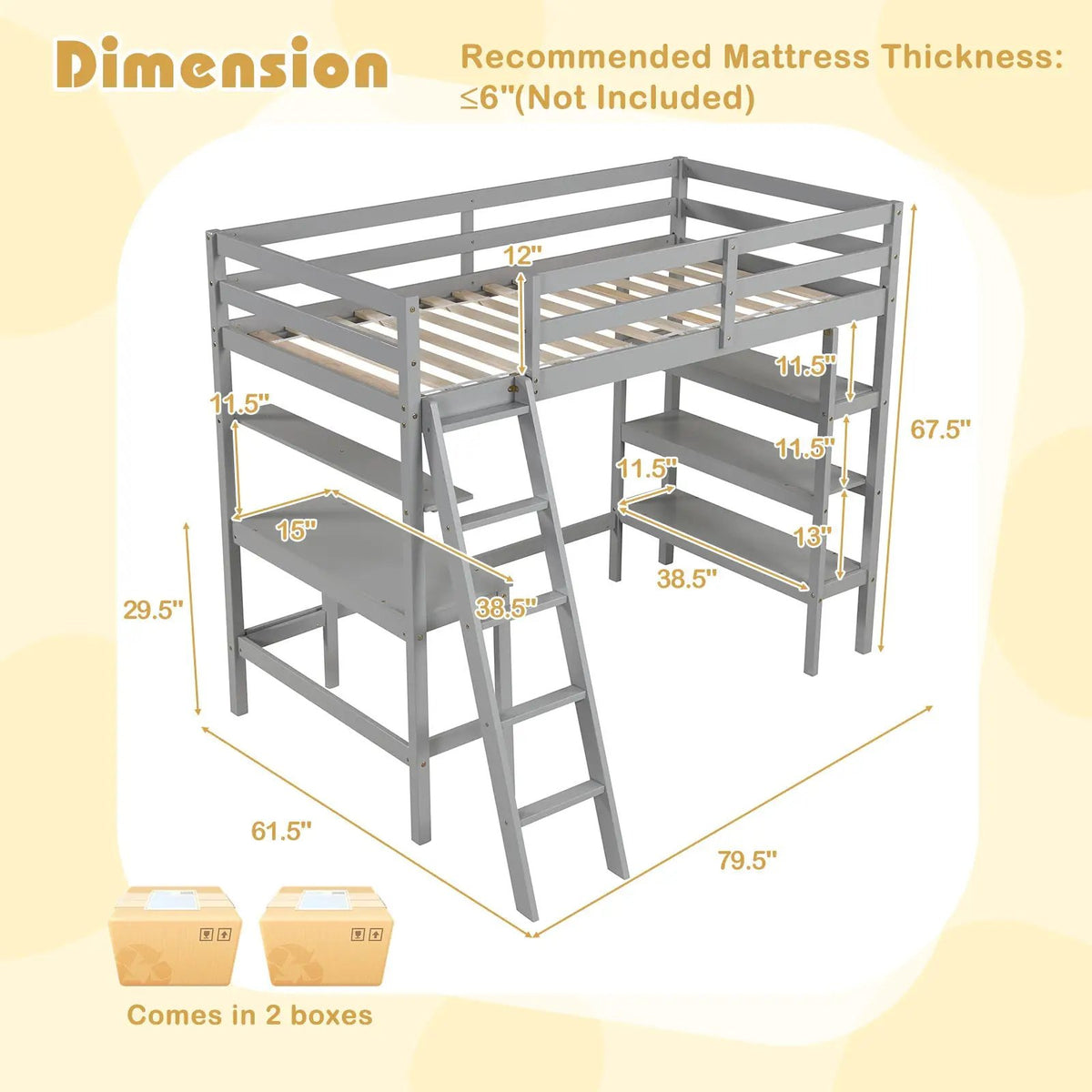 Twin Size Loft Bed with Desk and Bookshelves for Kids and Teens by DirectDeals