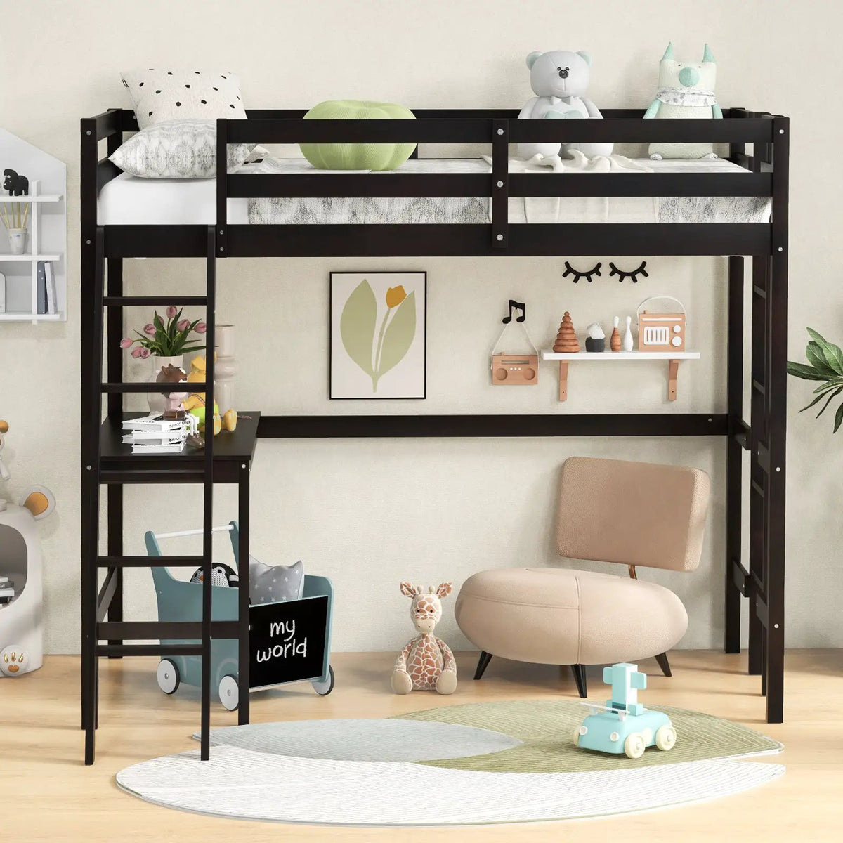 Twin Size Loft Bed Frame with Desk Angled and Built-in Ladder by DirectDeals