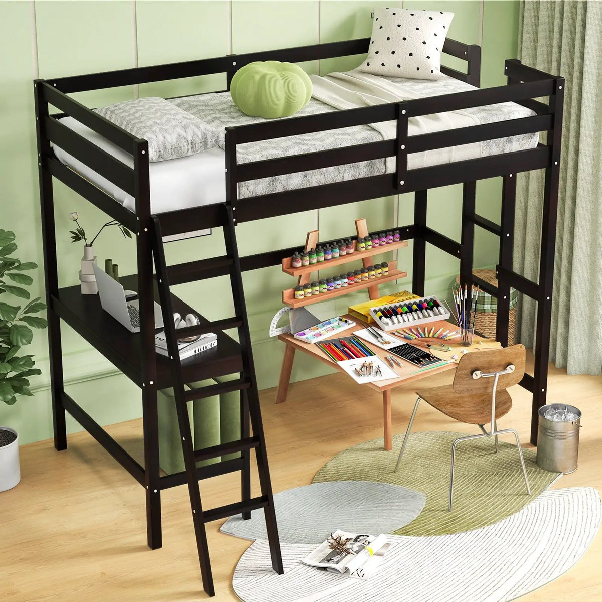Twin Size Loft Bed Frame with Desk Angled and Built-in Ladder by DirectDeals