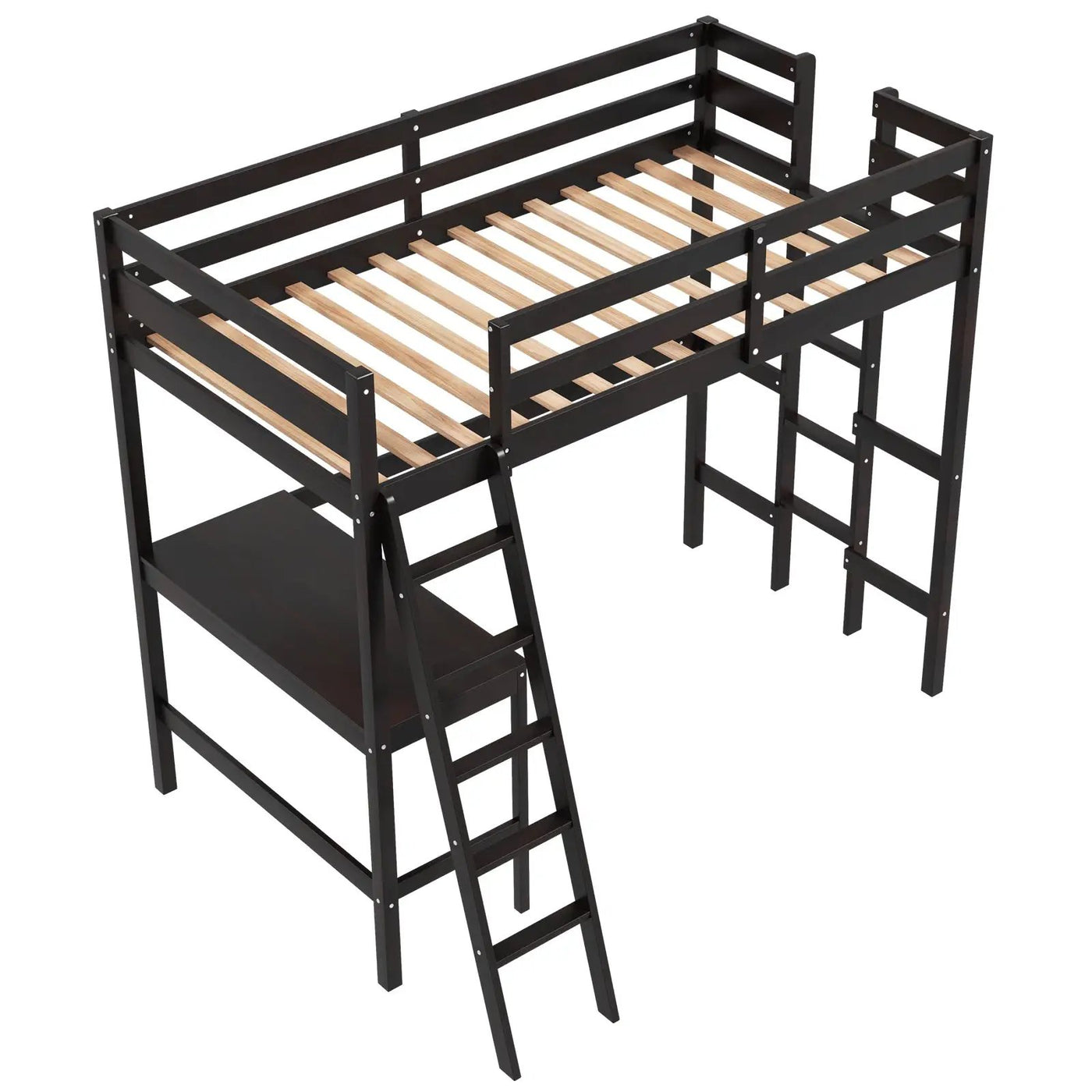 Twin Size Loft Bed Frame with Desk Angled and Built-in Ladder by DirectDeals