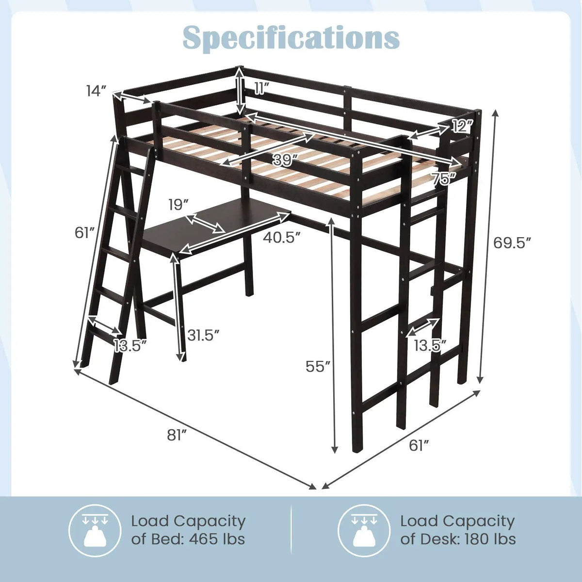 Twin Size Loft Bed Frame with Desk Angled and Built-in Ladder by DirectDeals
