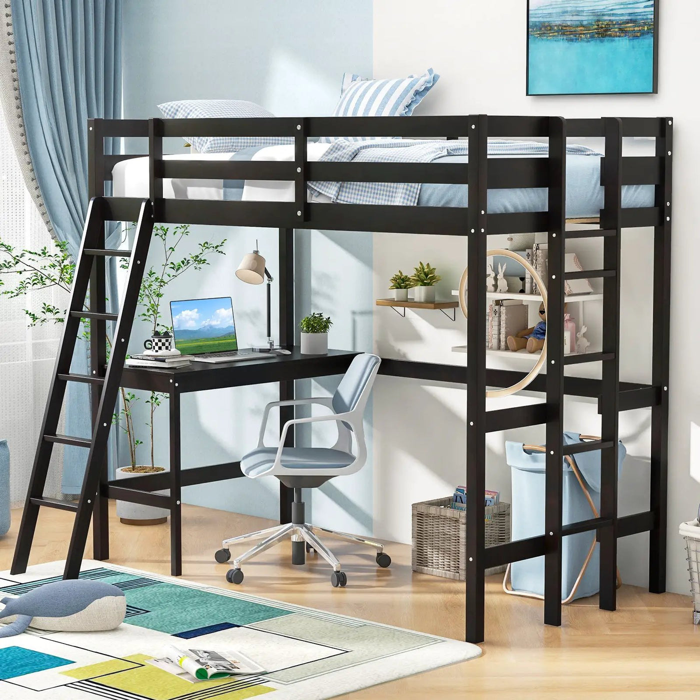 Twin Size Loft Bed Frame with Desk Angled and Built-in Ladder by DirectDeals