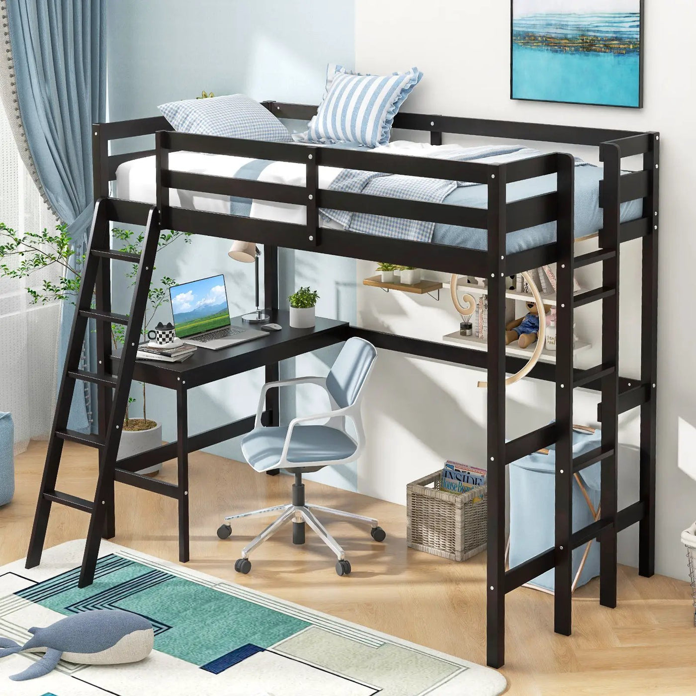 Twin Size Loft Bed Frame with Desk Angled and Built-in Ladder by DirectDeals