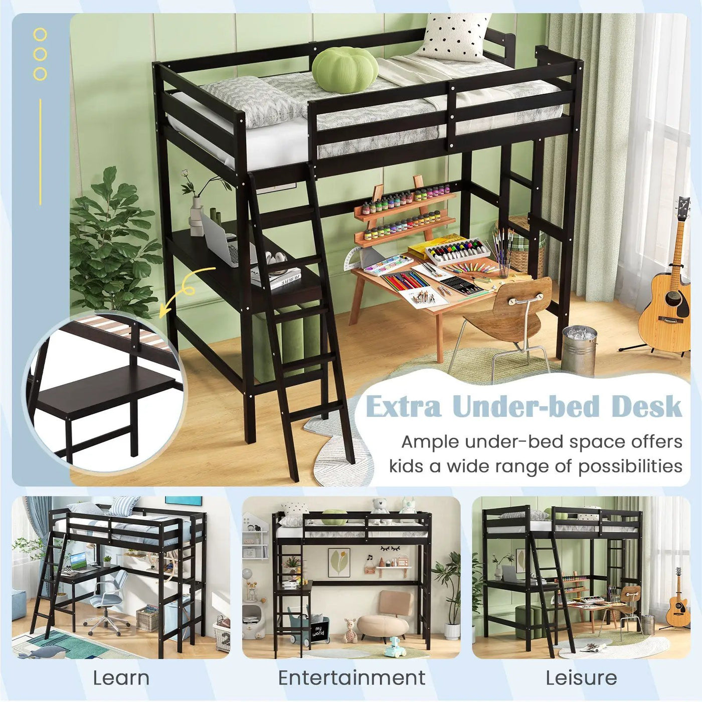 Twin Size Loft Bed Frame with Desk Angled and Built-in Ladder by DirectDeals