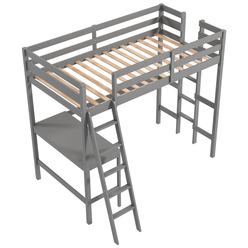 Twin Size Loft Bed Frame with Desk Angled and Built-in Ladder by DirectDeals