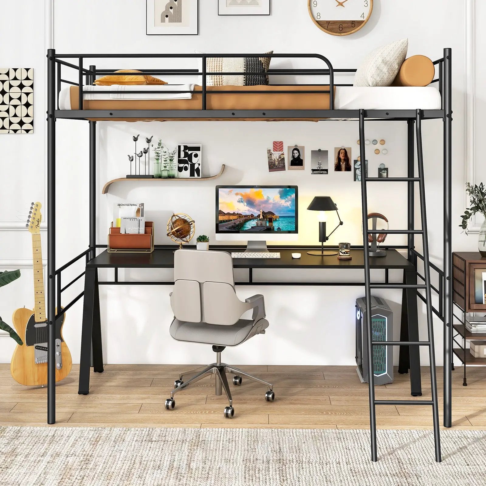 Twin Size Loft Bed Metal Bed Frame with Ladder and Guardrails-Black by DirectDeals