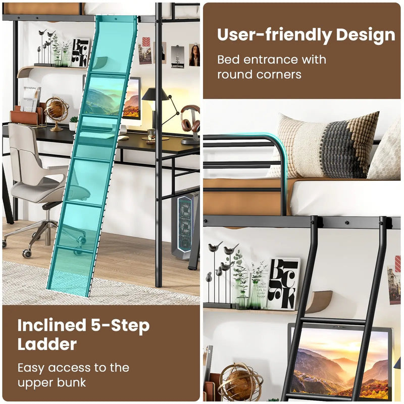 Twin Size Loft Bed Metal Bed Frame with Ladder and Guardrails-Black by DirectDeals