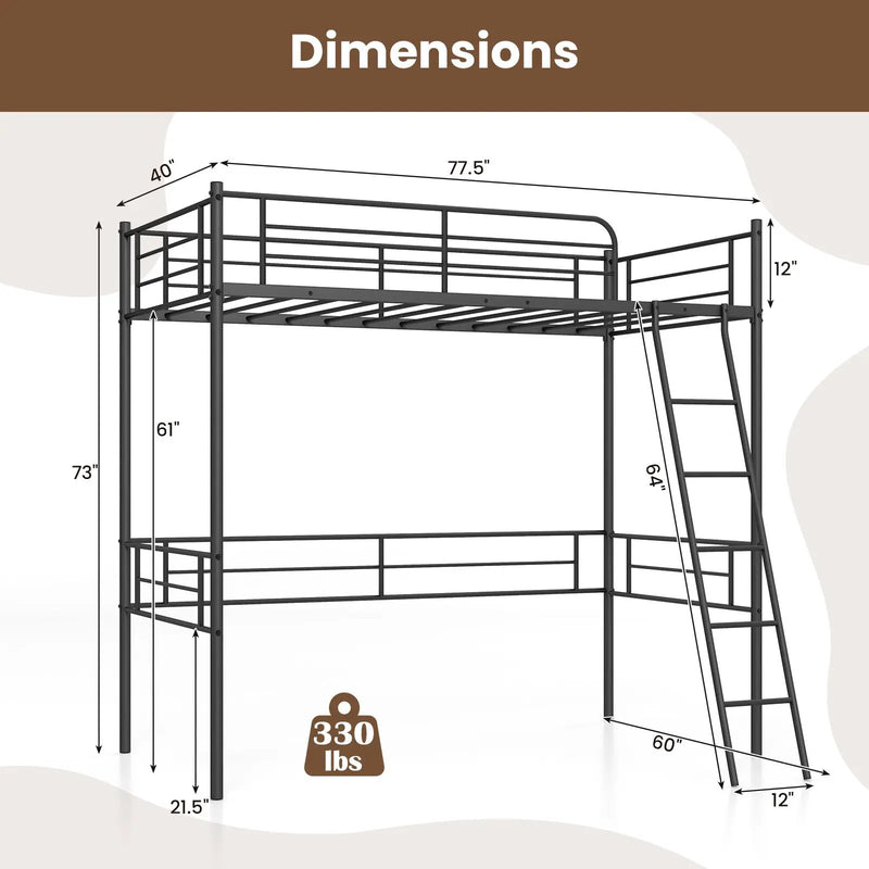 Twin Size Loft Bed Metal Bed Frame with Ladder and Guardrails-Black by DirectDeals