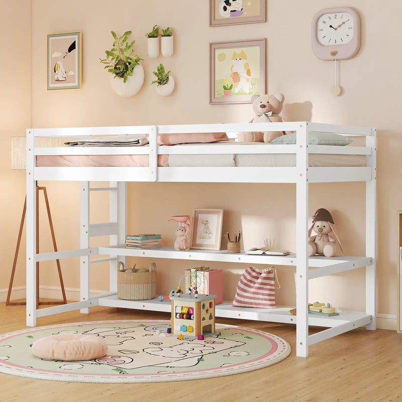 Twin Size Loft Bed with Storage Shelves Full-length Guardrails and Ladder-White by DirectDeals