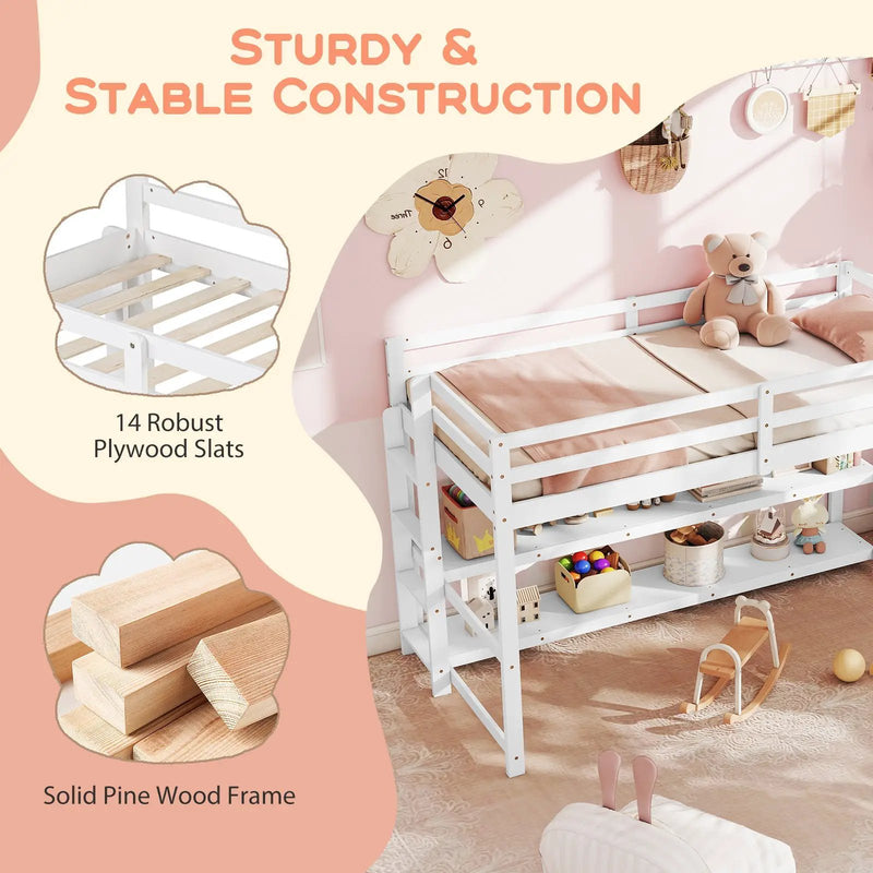 Twin Size Loft Bed with Storage Shelves Full-length Guardrails and Ladder-White by DirectDeals