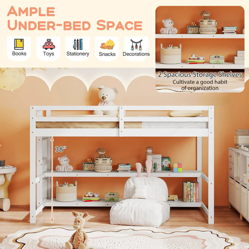 Twin Size Loft Bed with Storage Shelves Full-length Guardrails and Ladder-White by DirectDeals