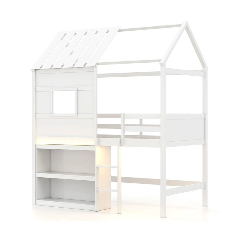 Twin Size Loft Bed with LED Lights Roof Window and Storage Bookshelf-White by DirectDeals