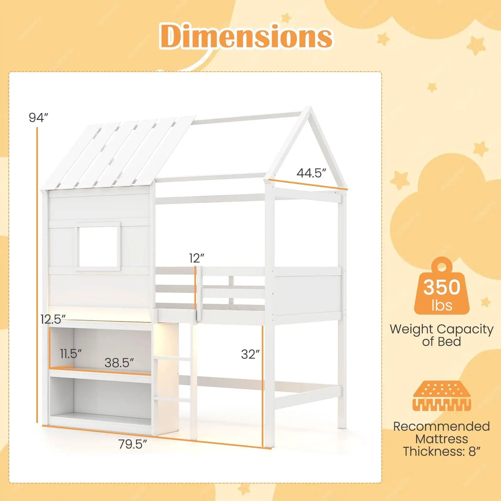 Twin Size Loft Bed with LED Lights Roof Window and Storage Bookshelf-White by DirectDeals
