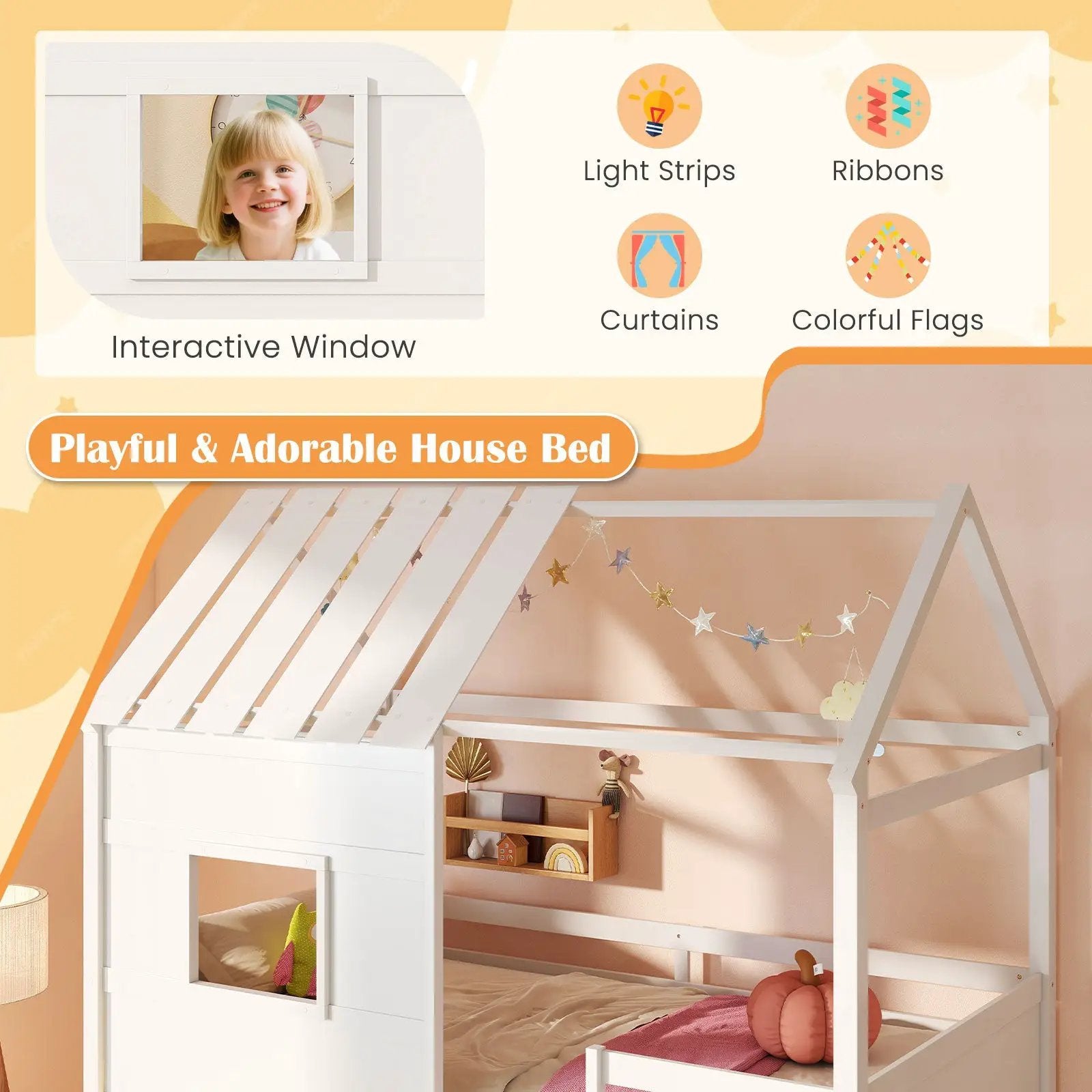 Twin Size Loft Bed with LED Lights Roof Window and Storage Bookshelf-White by DirectDeals