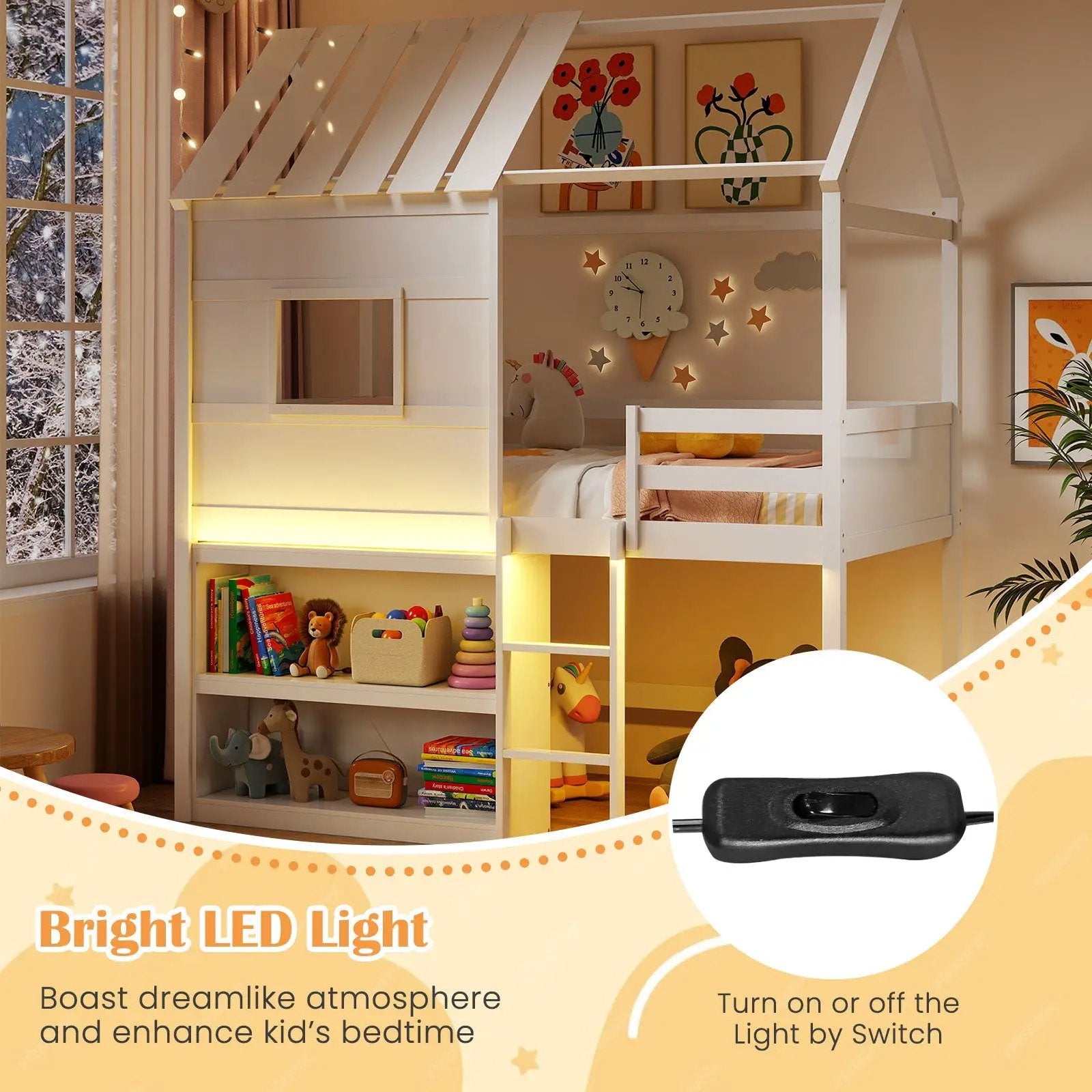 Twin Size Loft Bed with LED Lights Roof Window and Storage Bookshelf-White by DirectDeals