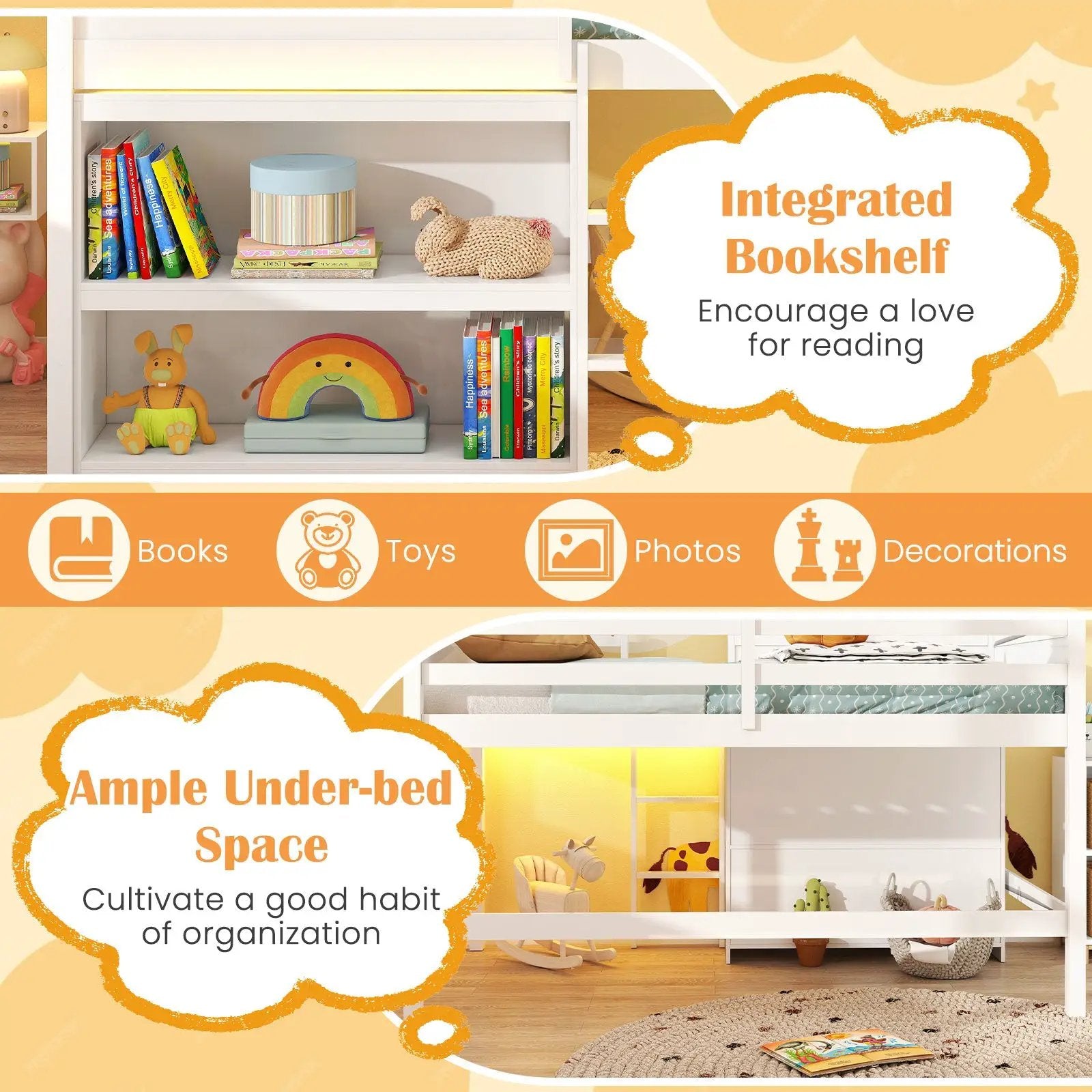 Twin Size Loft Bed with LED Lights Roof Window and Storage Bookshelf-White by DirectDeals