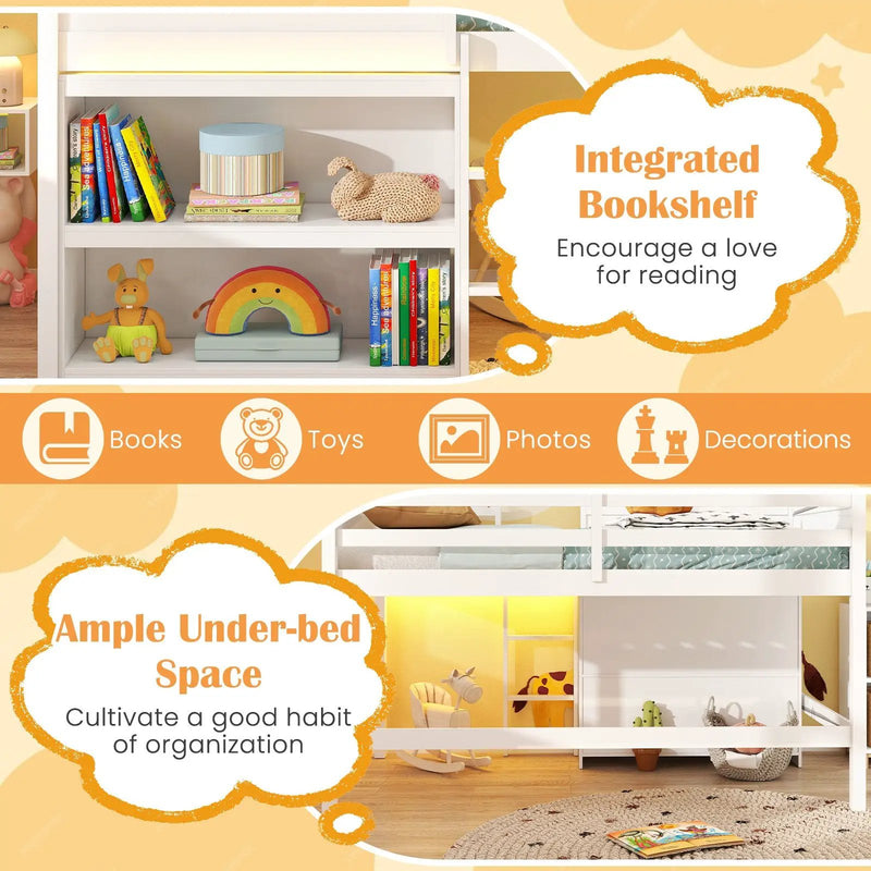 Twin Size Loft Bed with LED Lights Roof Window and Storage Bookshelf-White by DirectDeals