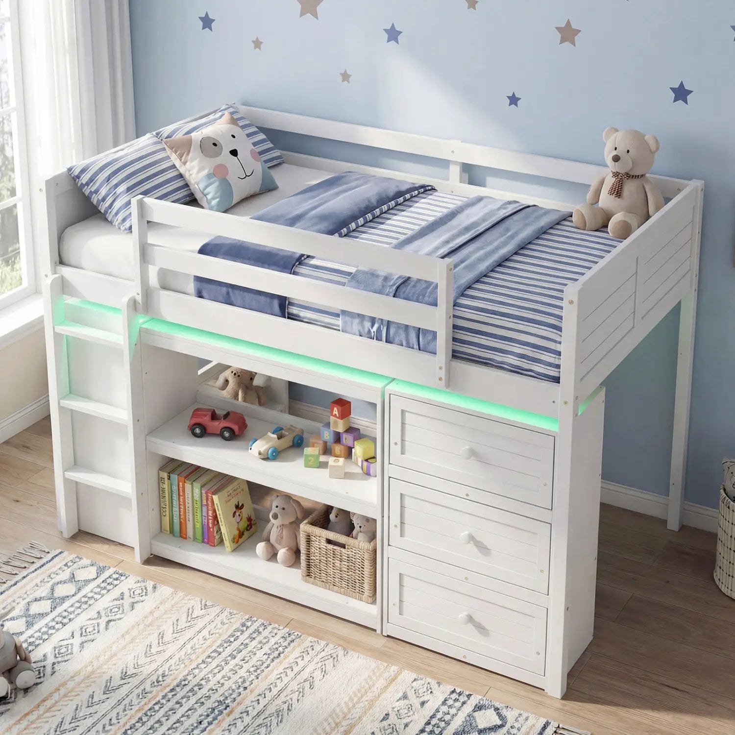 Twin Size Loft Bed with LED Lights and Underbed Space for Kids by DirectDeals