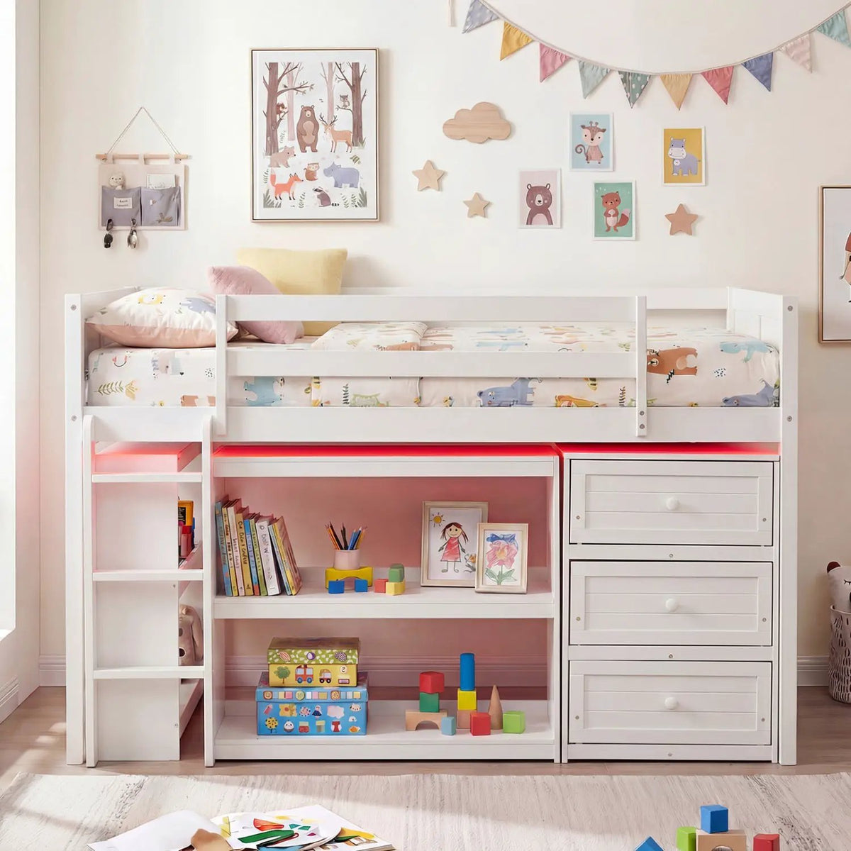 Twin Size Loft Bed with LED Lights and Underbed Space for Kids by DirectDeals