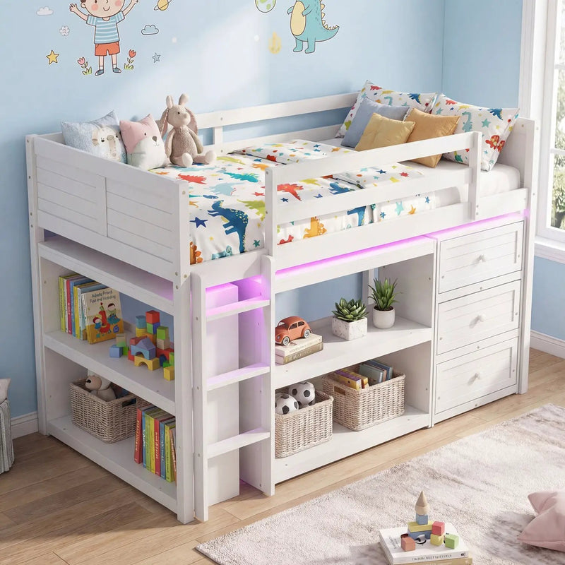 Twin Size Loft Bed with LED Lights and Underbed Space for Kids by DirectDeals