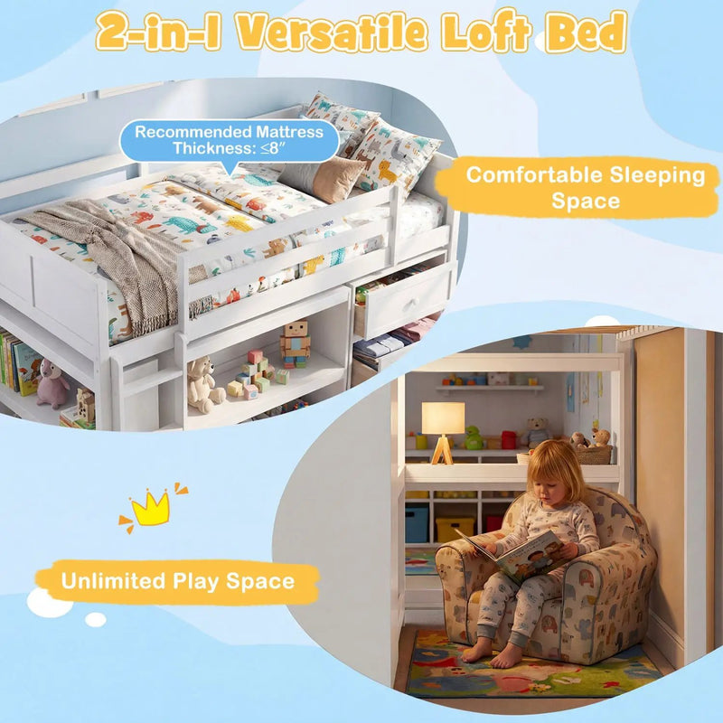 Twin Size Loft Bed with LED Lights and Underbed Space for Kids by DirectDeals