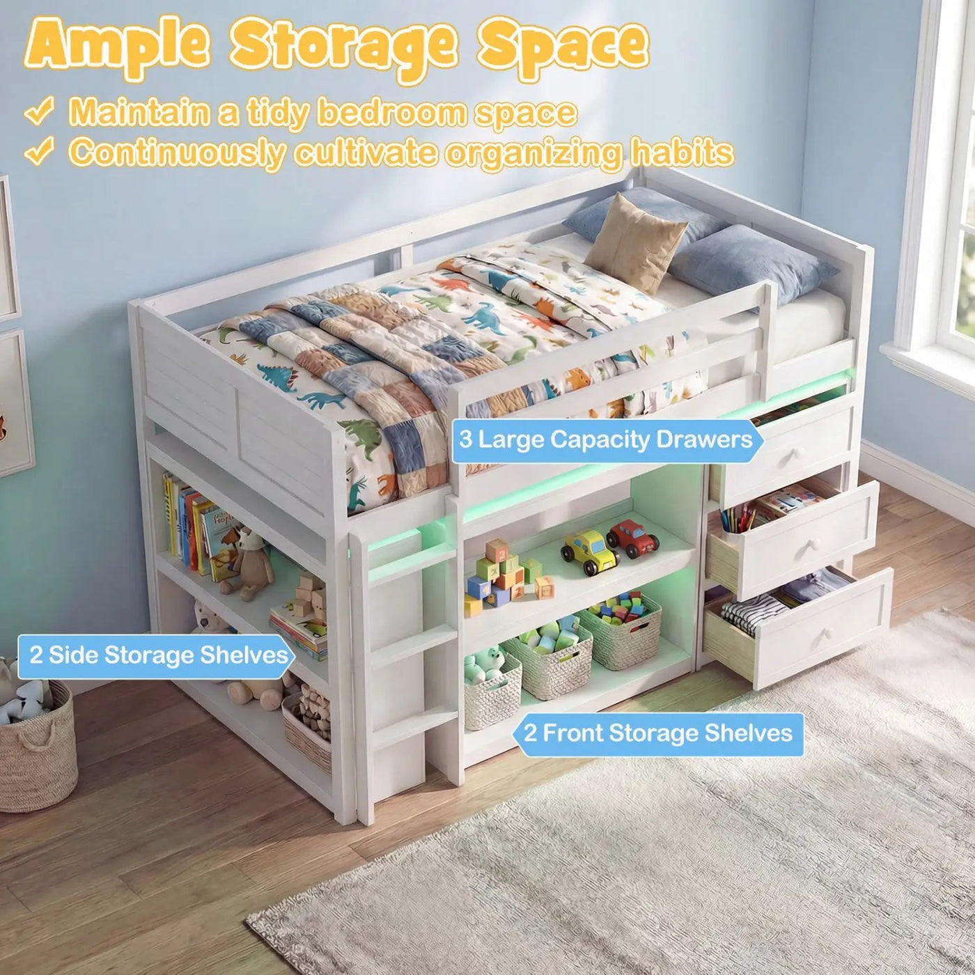 Twin Size Loft Bed with LED Lights and Underbed Space for Kids by DirectDeals