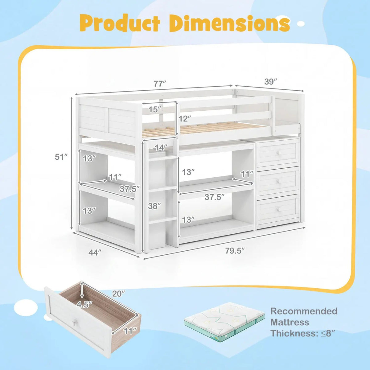 Twin Size Loft Bed with LED Lights and Underbed Space for Kids by DirectDeals