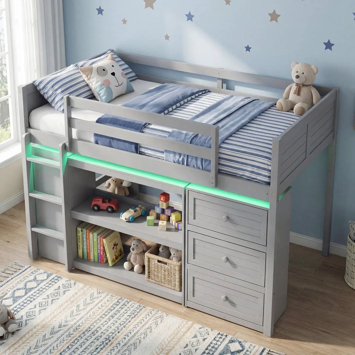 Twin Size Loft Bed with LED Lights and Underbed Space for Kids by DirectDeals