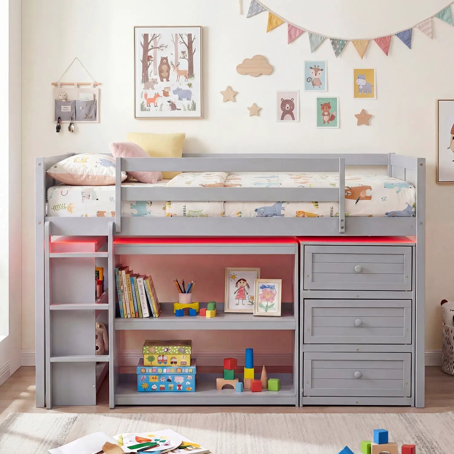 Twin Size Loft Bed with LED Lights and Underbed Space for Kids by DirectDeals
