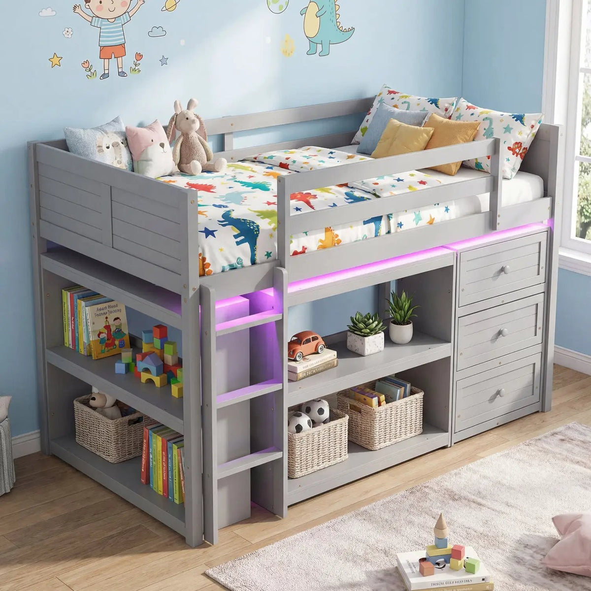 Twin Size Loft Bed with LED Lights and Underbed Space for Kids by DirectDeals