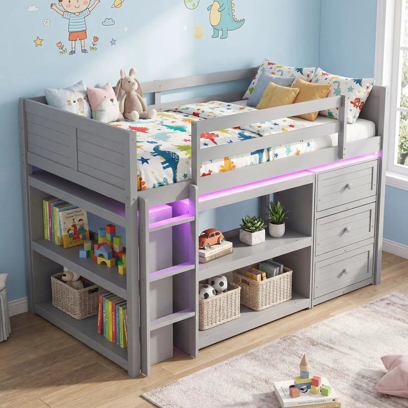 Twin Size Loft Bed with LED Lights and Underbed Space for Kids by DirectDeals