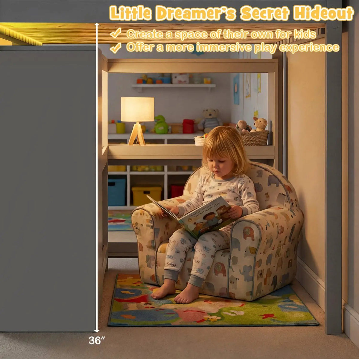 Twin Size Loft Bed with LED Lights and Underbed Space for Kids by DirectDeals