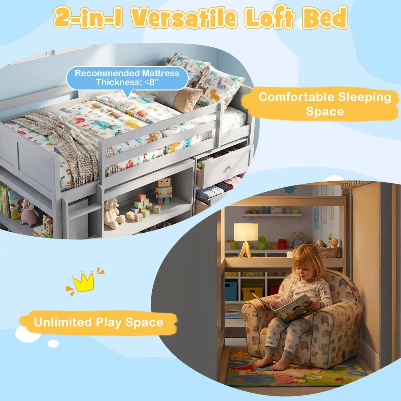 Twin Size Loft Bed with LED Lights and Underbed Space for Kids by DirectDeals
