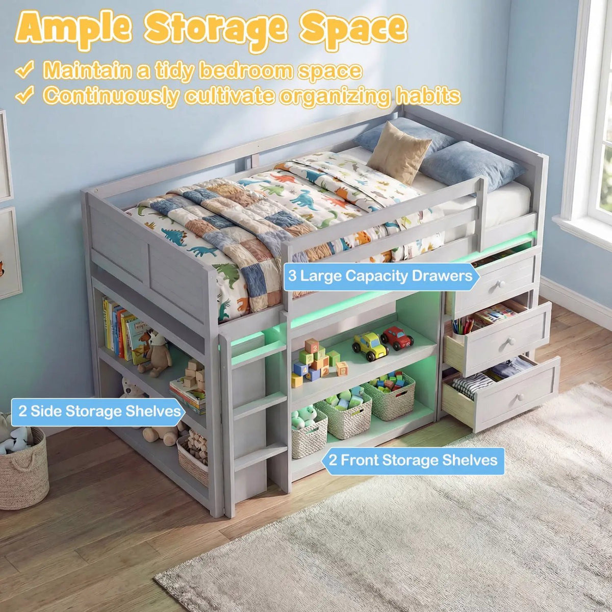 Twin Size Loft Bed with LED Lights and Underbed Space for Kids by DirectDeals