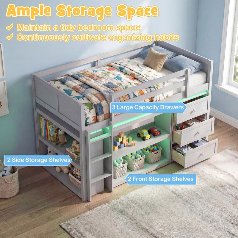 Twin Size Loft Bed with LED Lights and Underbed Space for Kids by DirectDeals