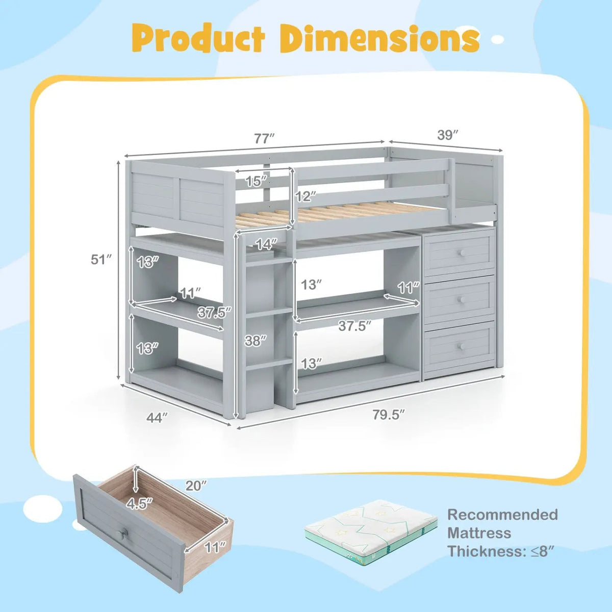 Twin Size Loft Bed with LED Lights and Underbed Space for Kids by DirectDeals