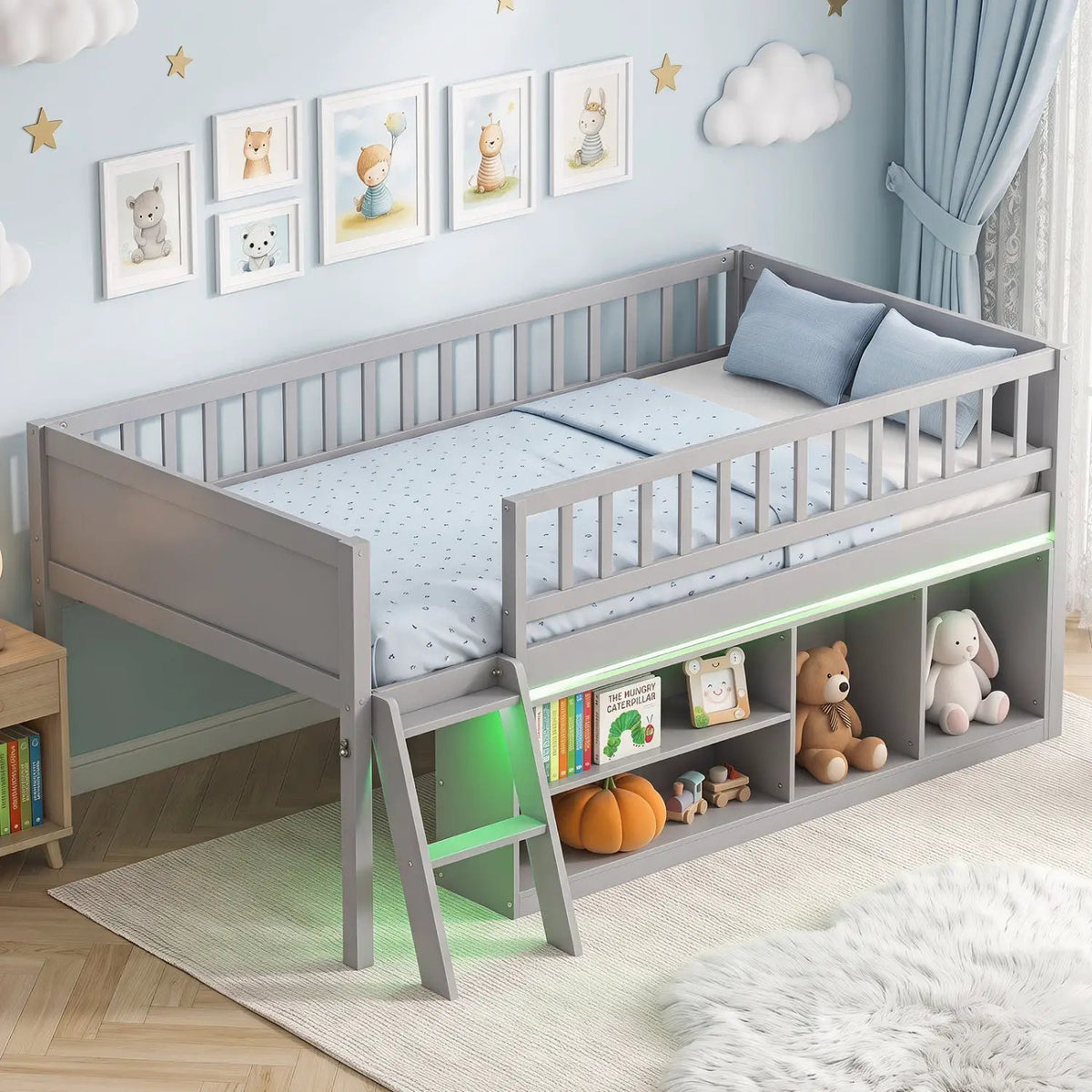 Twin Loft Bed with LED Lights & Bookshelf for Kids by DirectDeals