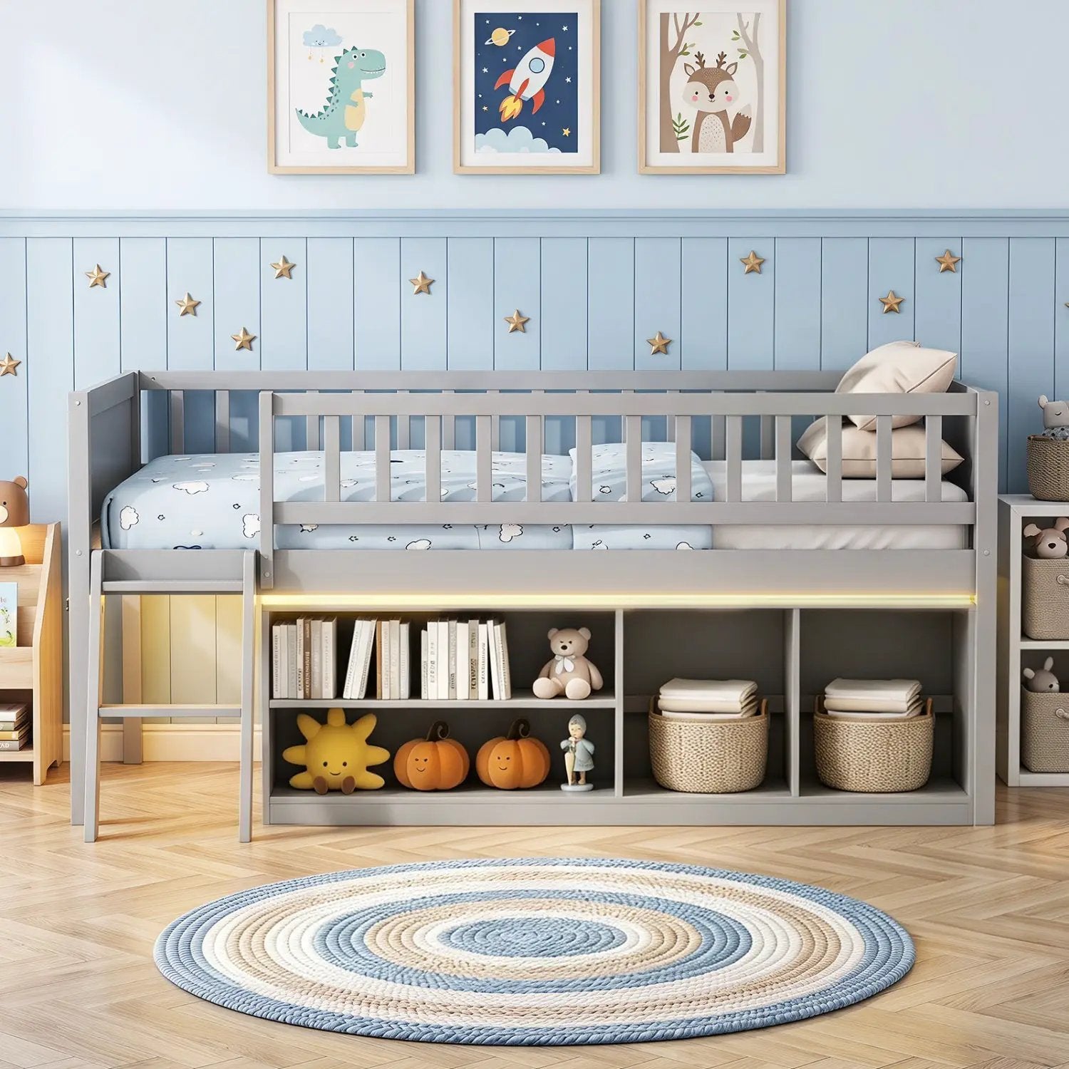 Twin Loft Bed with LED Lights & Bookshelf for Kids by DirectDeals
