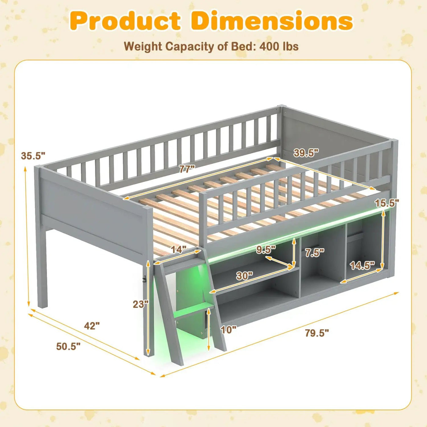 Twin Loft Bed with LED Lights & Bookshelf for Kids by DirectDeals