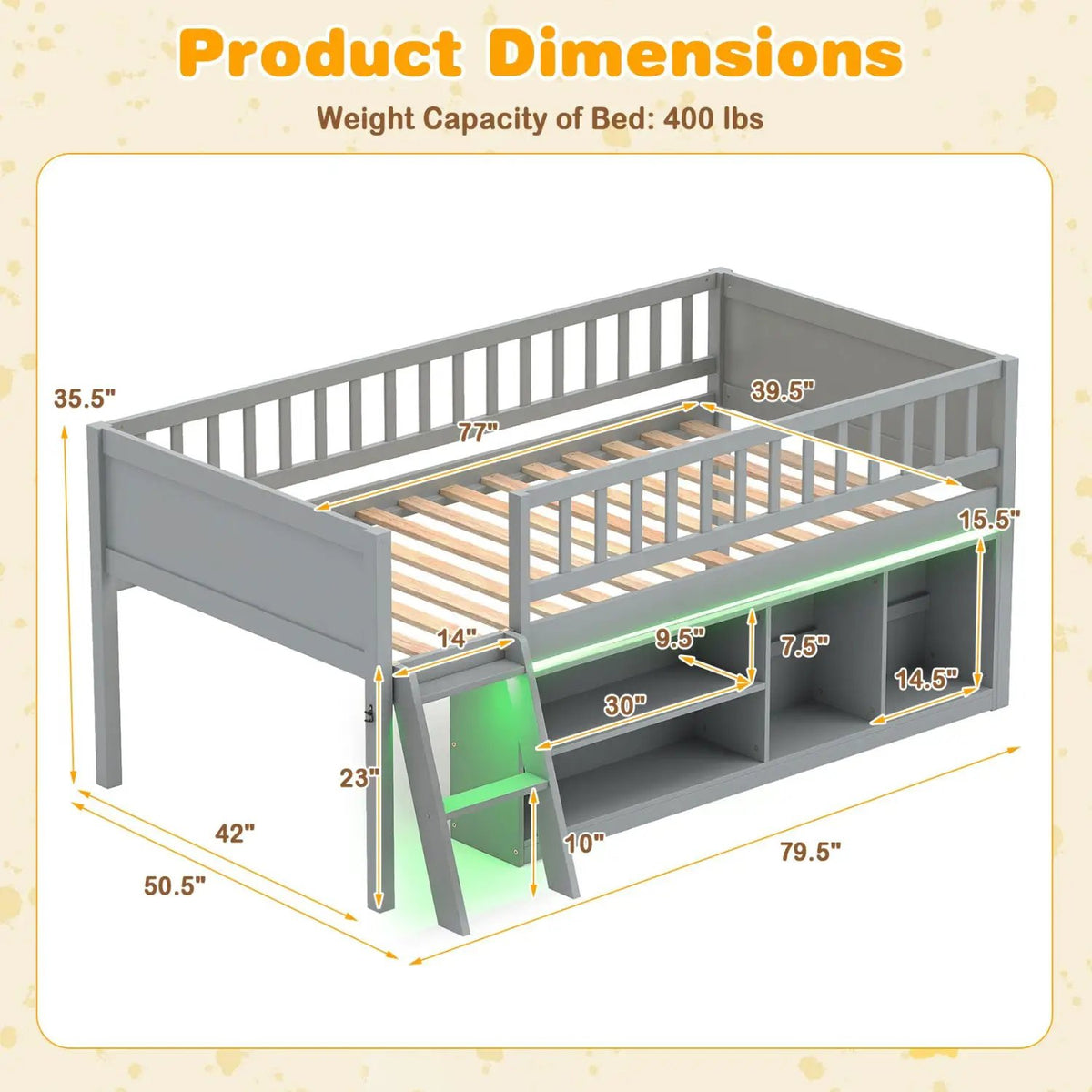 Twin Loft Bed with LED Lights & Bookshelf for Kids by DirectDeals
