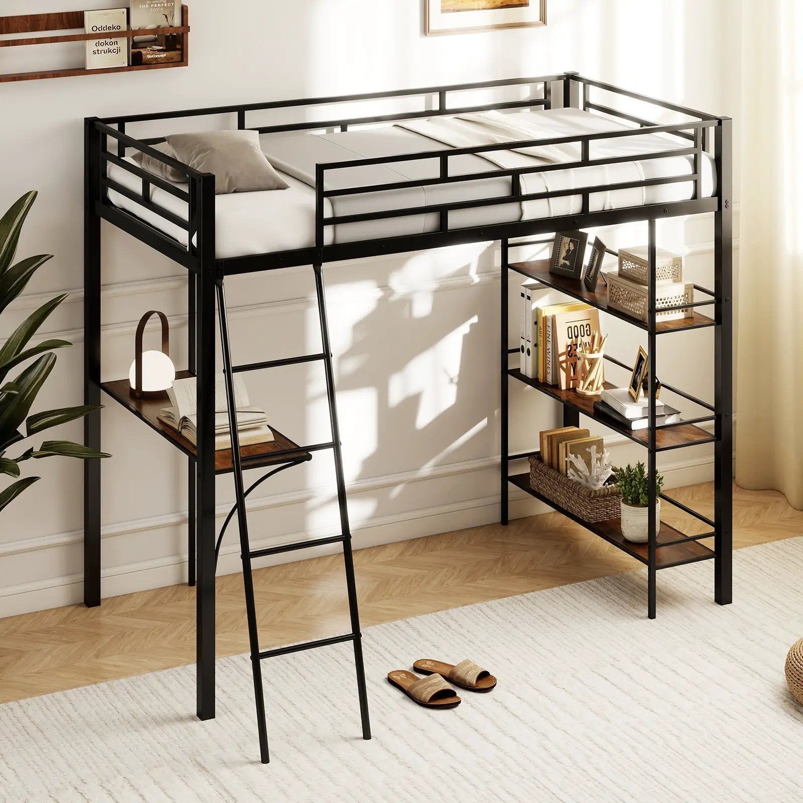 Twin Size Loft Bed with Desk and Shelves for Kids and Home-Black by DirectDeals