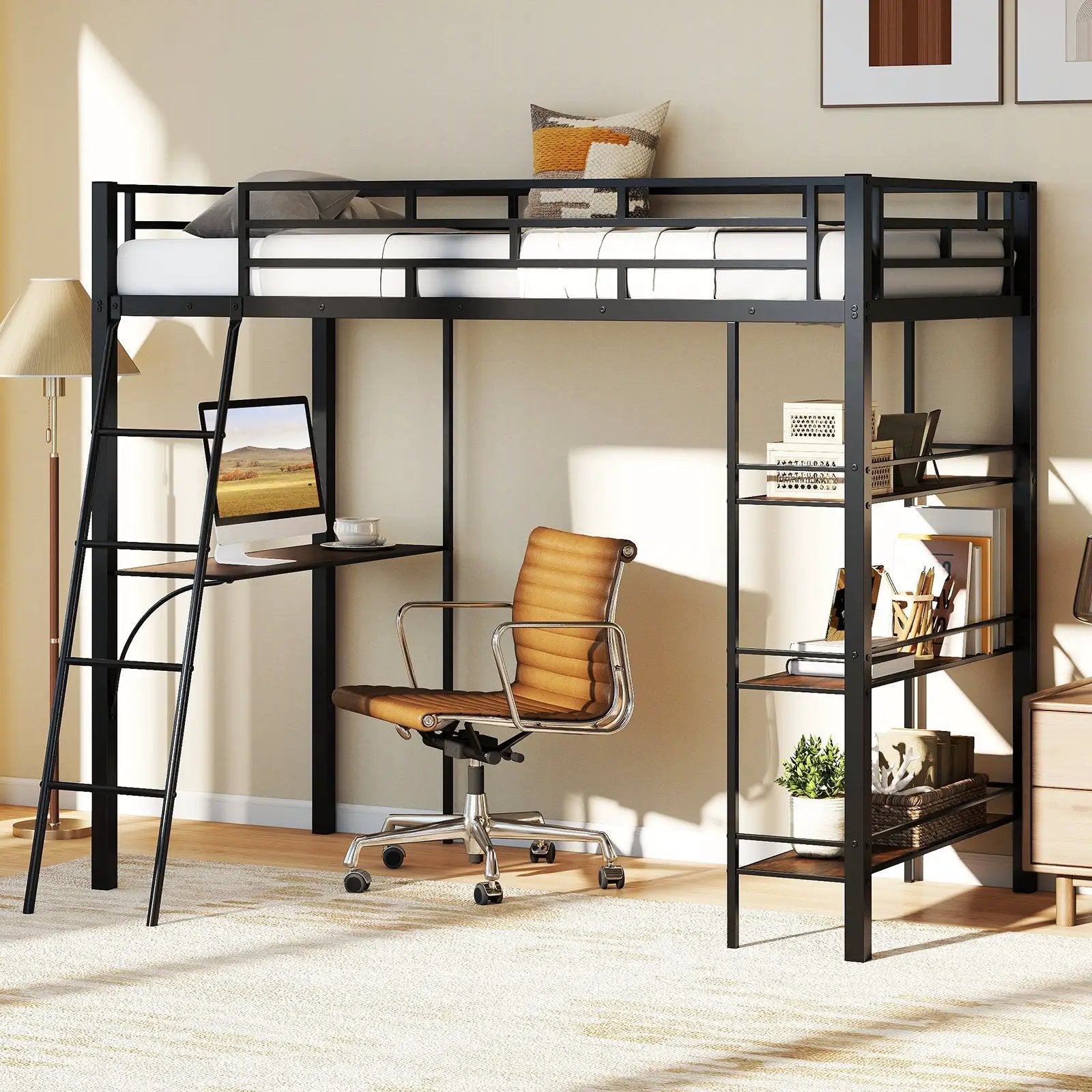 Twin Size Loft Bed with Desk and Shelves for Kids and Home-Black by DirectDeals