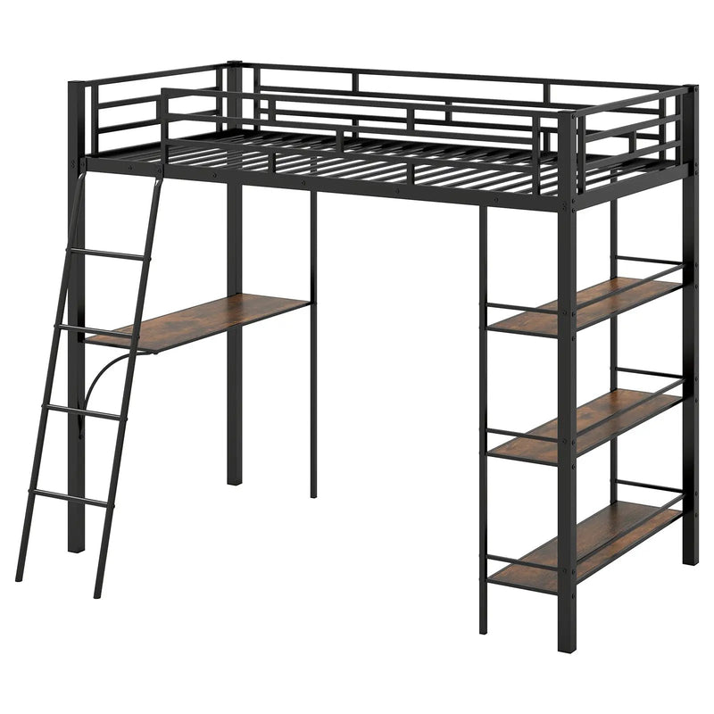 Twin Size Loft Bed with Desk and Shelves for Kids and Home-Black by DirectDeals