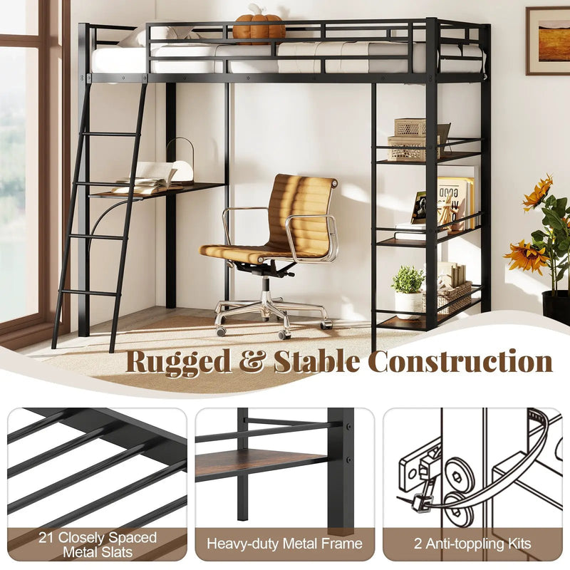 Twin Size Loft Bed with Desk and Shelves for Kids and Home-Black by DirectDeals